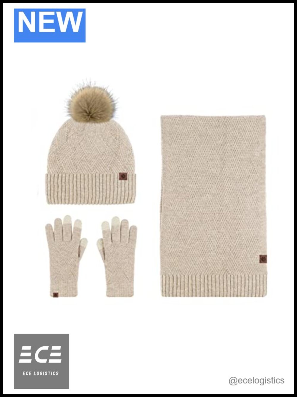 Wool Blend Winter Scarf Hat Glove Set Rhombus Knit Beanie Pom Pom Touchscreen